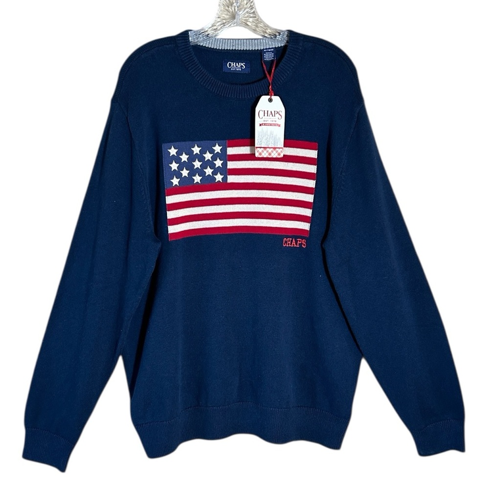 NEW Chaps Dark Blue Sweater with American Flag Design - Picture 2 of 9
